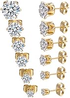 GEMSME 18K Yellow Gold Plated Round Cubic Zirconia Stud Earrings Pack of 6