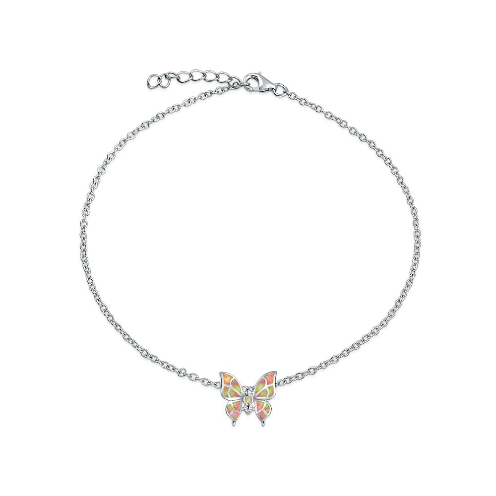 Bling Jewelry Summer Garden Nature Color Opalescent Butterfly Created Pink Opal Charm Anklet Ankle Bracelet For Women Teens .925 Sterling Silver Adjustable 9-10 "