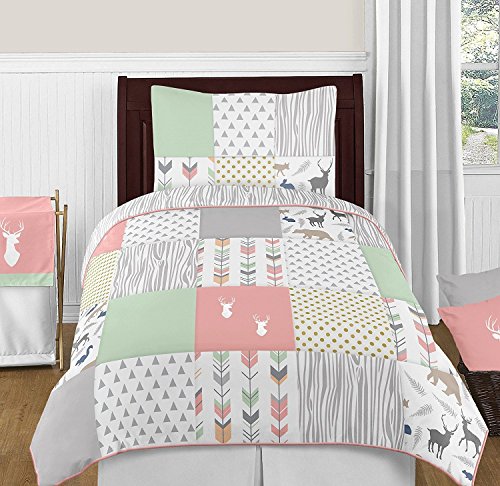Sweet Jojo Designs 4-Piece Coral, Mint and Grey Woodsy Deer Girls Kids Childrens Twin Bedding Set