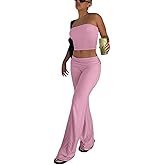 Sexy Women's 2 Piece Lounge Sets Pajama Outfits Casual yoga Crop tube Top High Waist Wide Leg Foldover Flare Pants