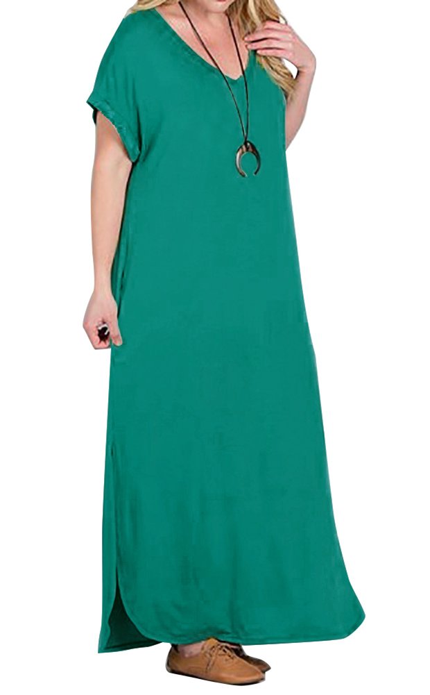 Women\'s Casual Loose Long Dress Short Sleeve Spaghetti Strap Cold Shoulder Split Maxi Dresses with Pocket (7018-Green, Large)