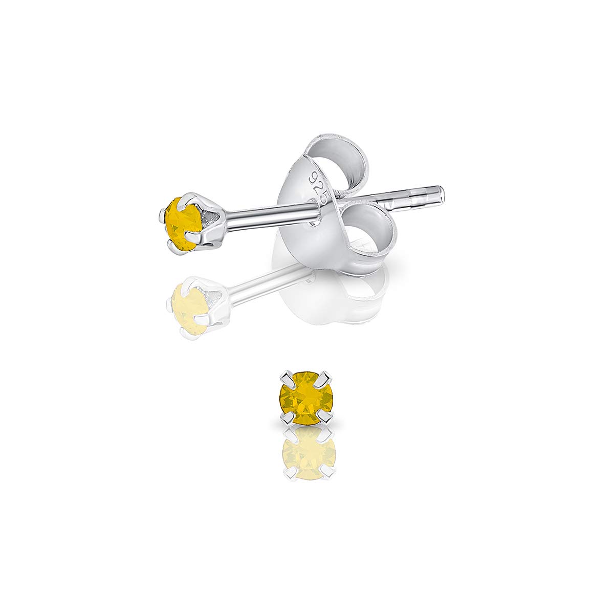 925 Sterling Silver Round Tiny Stud Earrings made with Glittering Crystals - Small Silver Studs Earrings for Woman - Diameter: 2 mm - Colour : Yellow Opal