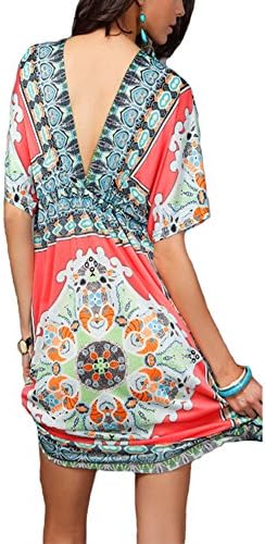 MUXKN Women Deep V Short Sleeves Oversize Printed Bohemia Ethnic Style Summer Shift Dress Swimsuit Beach Cover Up Pool Wear (Pink)