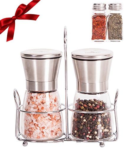 Salt and Pepper Grinder Set with Matching Stand - Adjustable Coarseness Ceramic Mill, Brushed Stainless Steel and Glass Salt &amp; Pepper Mills Plus Extra Salt &amp; Pepper Shakers &amp; Ebook