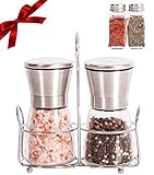 Salt and Pepper Grinder Set with Matching Stand - Adjustable Coarseness Ceramic Mill, Brushed Stainless Steel and Glass Salt & Pepper Mills Plus Extra Salt & Pepper Shakers & Ebook
