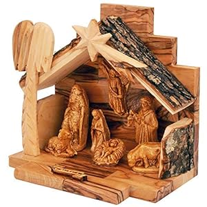 THE JERUSALEM GIFT SHOP SINCE 2004 Olive Wood Nativity Set with Figurines | Bark Roof Stable | Made in Bethlehem
