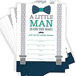 Little Man Themed Baby Shower Invitations | Bow Tie, Mustache, and Suspenders! | 25 Invitations with Envelopes