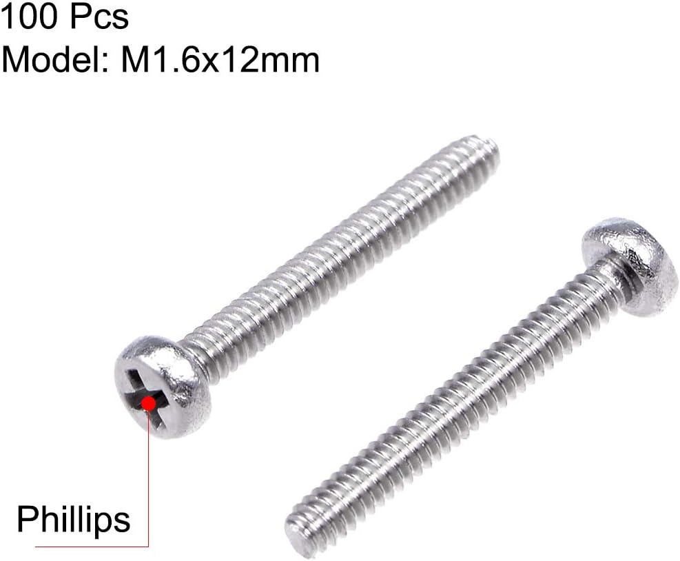 sourcing map M1.6x12mm Machine Screws Pan Phillips Cross Head Screw 304 Stainless Steel Fasteners Bolts 100Pcs - Image 3