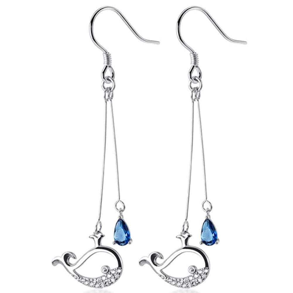 Whale Dangle Drop Hook Earrings S925 Sterling Silver Blue Crystal Waterdrop Charm CZ Cute Fish Dangling Threader Earring Fashion Jewelry for Women Girls BFF