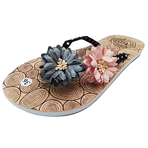 Summer Beach Slippers, Ladies Floral Flower Print Sandals Casual Slip On Wooden Shoes Flip Flops Platform Slippers Red Black (6.5 B(M) US, Black)