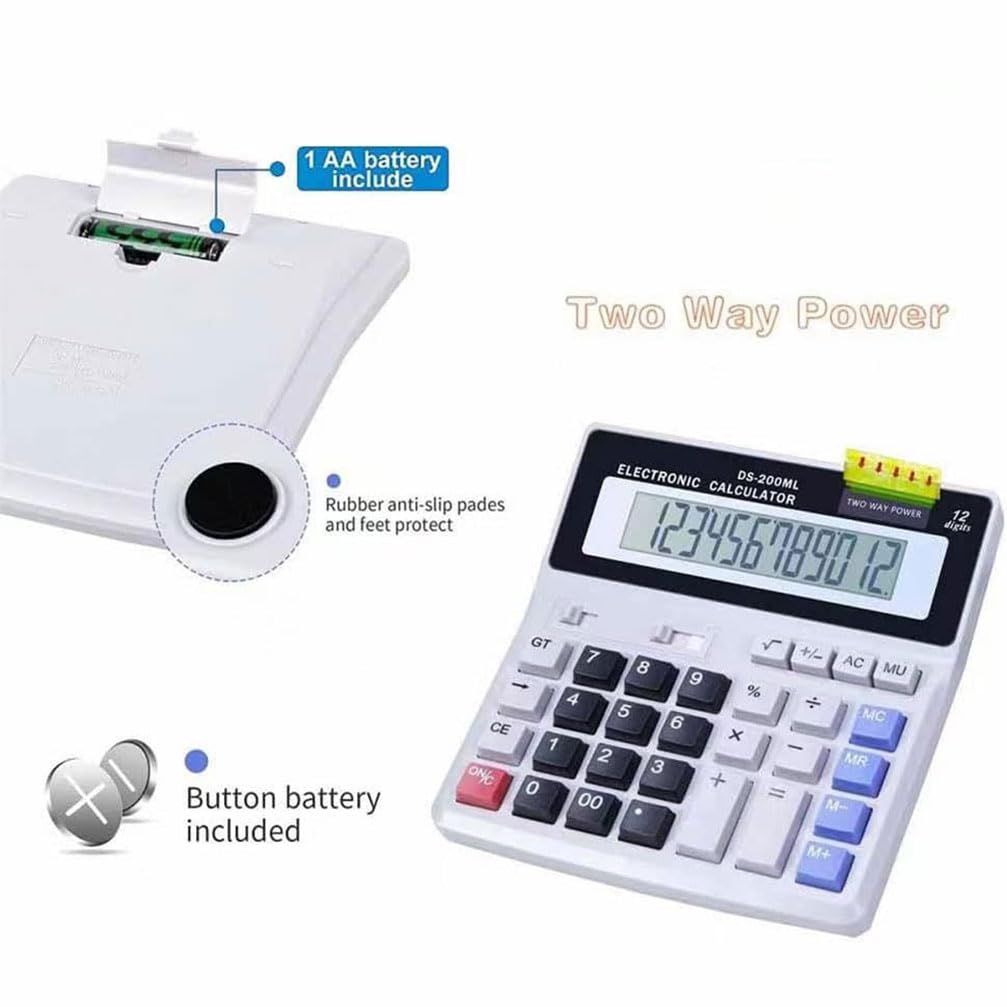Desk Calculator Large 12 Digit Display, Dual Power Basic Calculator Desktop, Big Button for Office, Business, Home and School (Grey).
