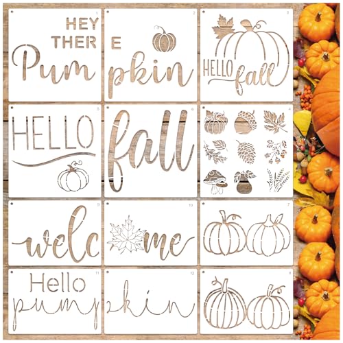 Large Fall Doormat Stencils Reusable Hello Fall Hello Pumpkin Welcome Stencil Template Drawing Autumn Doormat Stencils for Painting on Door Mats Wood Sign DIY Crafts Wall Home Decoration(mat12)