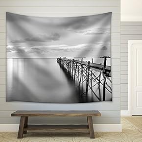 Black and White Photography of a Beach Wooden Pier - Fabric Wall Tapestry Home Decor - 51x60 inches