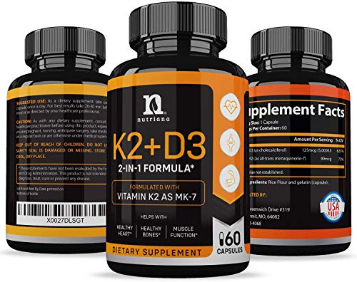 Vitamin K2 with D3 5000 IU Supplement - Vitamin D and K Complex - Bone and Heart Health Vitamin D3 K2 MK7 Formula - 5000 IU Vitamin D3 & 90 MCG Vitamin K2 MK-7-60 K2 D3 Vitamin Capsules
