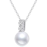 Sterling Silver 0.2 ct Lab Grown Diamond and Freshwater Cultured Pearl Necklace for Women, Jewelfy Gifts for Her, 16-18 Inch