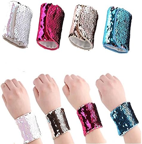 Mermaid Bracelet-2 Color Reversible Sequin Wristband Bracelet Fashion Glitter Bangle (4 Pack)