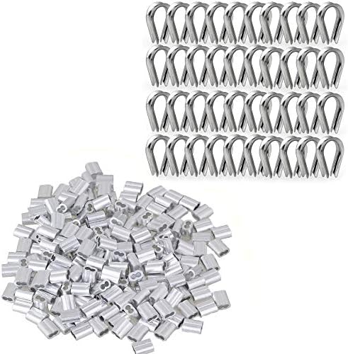 TooTaci 200 pcs 1/16-inch Aluminum Wire Rope Sleeves Clips Aluminium Cable Crimps + 40 pcs M2 304 Stainless Steel Thimble