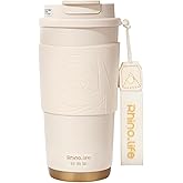 RhinoLife Insulated Coffee Mug Spill Proof Leak Proof with lid,16oz, White Portable Ceramic Lined Travel Mug with Handle & Silicone Mat, Reusable Insulated Tumbler with straw, Gift for Lovers