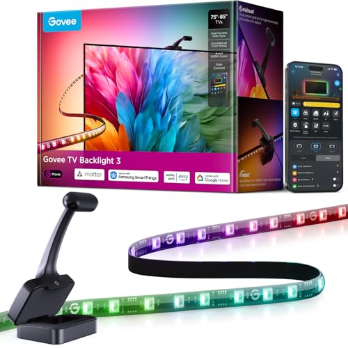Govee TV Backlight 3 with Dual 4MP Lens, 16.4ft RGBWIC LED Strip Lights Sync to Screen for 75-85 inch TVs, 60 LEDs/m, Smart AI Color Filter for Movie/Game, App & Voice Control, Matter/Alexa Support