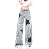 Lafaguw Cute Jeans for Women Girls Star Patchwork Pants High Waisted Straight Leg Jean Casual Preppy Clothes