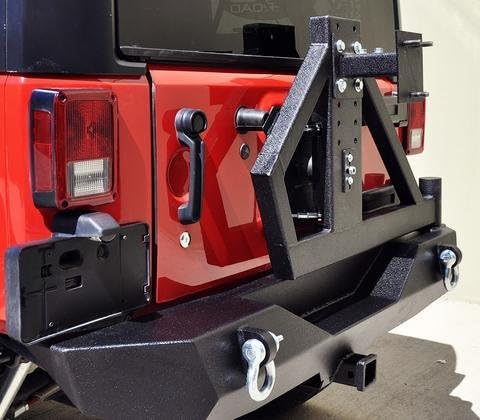 DV8 Offroad Rear Bumper with Swing Away Spare Tire Carrier for Wrangler JK Mid Width Single Opening Action Accommodates up to 37" Tire High Clearance Lightweight Black Finish RBSTTB-02