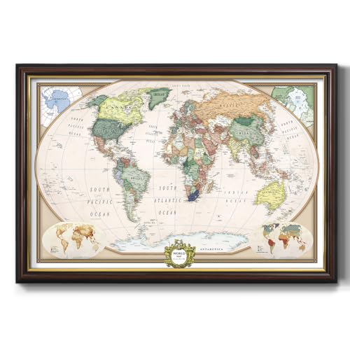 Renditions Gallery Colorful World Map Canvas Wall Art with Walnut and Gold Fram…
