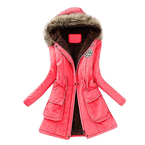 Toamen Womens Coat Autumn Winter Warm Fur Collar Slim Fit Monochrome Zipper Long Hooded Jacket Parka Outwear