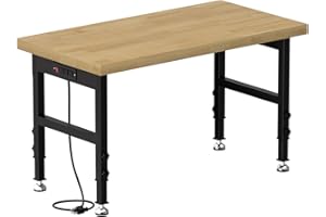 Pelnuies 48" Work Bench, Adjustable Height Workbench with Rubber Pad, Heavy-Duty Work Table with Power Outlets, 2000 LBS Capacity Workstation for Garage, Workshop, Office, Home