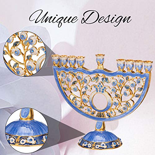 Matashi Hand Painted Blue Enamel Pomegranate Design Menorah Candelabra Embellished with Gold Accents and Crystals Jewish Candle Holder Hanukkah Gift Housewarming Showpiece Centerpiece for Living Room - Thumbnail 5