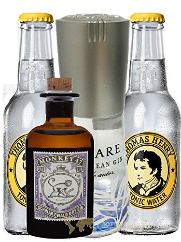 Gin Mare Miniatur 0,1 Liter + Monkey Mini + 2 x Thomas Henry Tonic Water 0,2 Liter