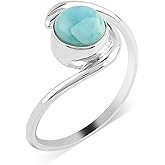 DEVMUKTI Natural Sky Blue Larimar Gemstone Ring 925 Sterling Silver Statement Ring Cabochon Stones Handmade Jewelry Promise Wedding Bridal Women Rings Gifts