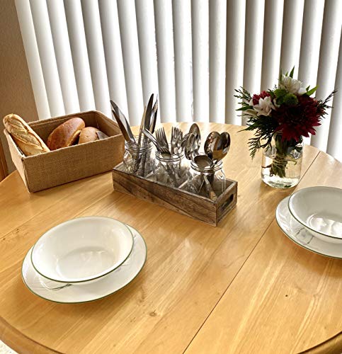 Flatware Caddy Cutlery Holder Utensil Organizer with 3 Glass Mason Jars in Farmhouse Rustic Style Wood Tray For Silverware Display on Kitchen Countertop, Dining Table and Party (Rustic Wood)