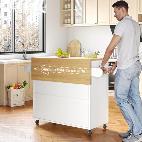 SIMPLE ESPACIO Isla de Cocina Móvil Multifuncional con Ruedas - Abatible,Organizador Integrado Gabinetes,Cajones,Especiero,Toallero Mesa Auxiliar,Almacenamiento Compacto Color de Relieve Blanco