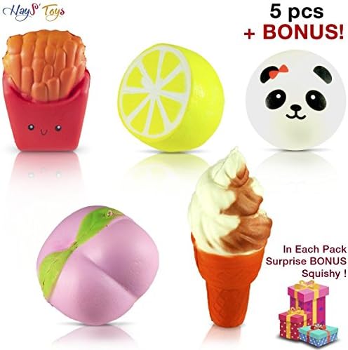 HayStore 5 pcs (+1 BONUS) JUMBO SQUISHIES |Pack of Kawaii Super Slow Rising | Ice Cream Cone | Peach | Lemon | French Fries | Panda | Cute BONUS Emoji (Random) | Hand Wrist Soft Toy Set by