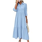 chouyatou Women's Casual Button Up Polo Collar Shirt Dress 3/4 Sleeve Ruffle Tiered Maxi Long Dress