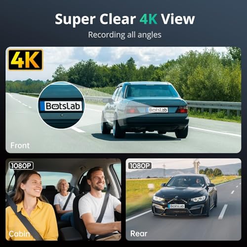 Botslab 3 Channel Dash Cam 4K with 128GB Card, 3.18" Touch Screen, Voice Control, 4K Front and 1080P Rear Inside Loop Recording, 5.8GHz WiFi, GPS, Night Vision, WDR, Parking Mode