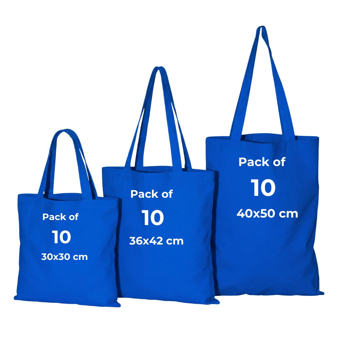 IMFAA Pack of 10 Premium-Quality Long Lasting 100% Cotton Canvas Tote Reusable Shopping Bags Ideal for Printing and Embroidery (Blue,Large 50x40x60)