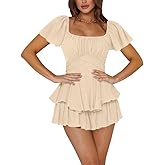 Rooscier Women's Jumpsuit Short Sleeve Ruffle Layer Square Neck Tie Mini Short Rompers