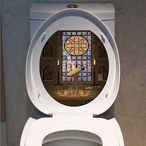 Toilet Cover Decoration,Gothic,Lectern on Pentagram Symbol Medieval Architecture Candlelight in Dark Spell Altar,Olive Green Mustard,3D Printing,W12.6"xH14.9" - Thumbnail 3