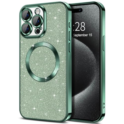 Hython for iPhone 15 Pro Case Glitter, Clear Magnetic Phone Cases with Camera Lens Protector [Compatible with MagSafe] Bling Sparkle Plating Soft TPU Shockproof Protective Cover Women Girls, Green