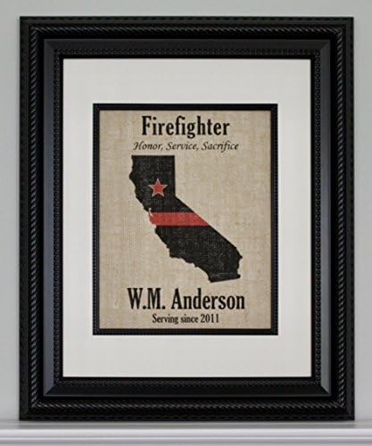 Firefighter Gift For Men Women Thin Red Line Flag across Any US State - Personalized on Burlap for Home or Office - Retirement Graduation Promotion