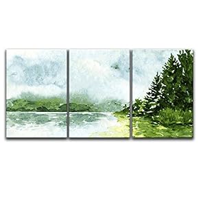 3 Panel Canvas Wall Art - Watercolor Style Mountain Trees Calm Lake - Giclee Print Gallery Wrap Modern Home Art Ready to Hang - 16"x24" x 3 Panels