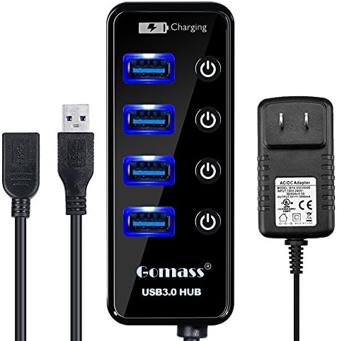 Powered USB Hub 3.0 4 Port - Gomass USB Splitter with 15W (5V/3A) Powered Adapter and USB 39" Extension Cable, Individual On/Off Switch [Factory Direct,2018 Version]
