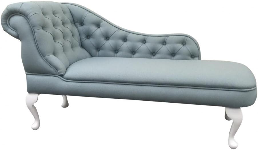 Designer Traditional Chaise Longue in Light Duck Egg Blue Linen Fabric