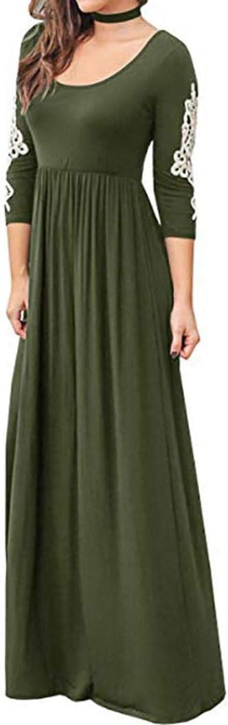 Ladies Dress, Teen Women Solid Applique Three Quarter Sleeve High Waist Boho Long Maxi Dresses