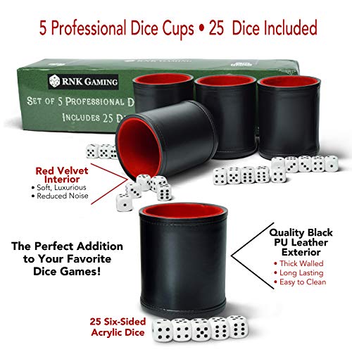 image for 5 Pack of Professional Dice Cups PU Leather and Red Velvet Lined, Incl