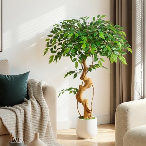 Keeplush - Artificial Ficus Plant, 120cm with White Pot, Real Large Artificial Plants with Curved Trunk and 930 Leaves Artificial Plant for Indoor Living Room Decor