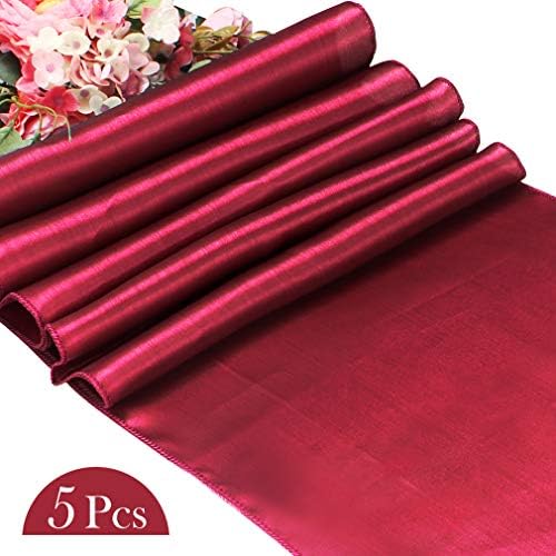 YISSION 5 Pack Satin Table Runner for Wedding, 12 x 108 Inch Soft Burgundy Table Runner Elegant Event Decor Banquet Parties Celebrations Table Decoration