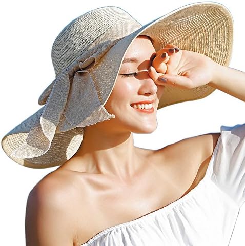 Womens Floppy Sun Hat Packable Wide Brim Straw Hat with Bowknot Beige