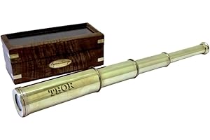 THOR INSTRUMENTS Nautical Handheld Brass Telescope with Wooden Box Pirate Spyglass 15" Rustic Vintage Home Decor Gifts